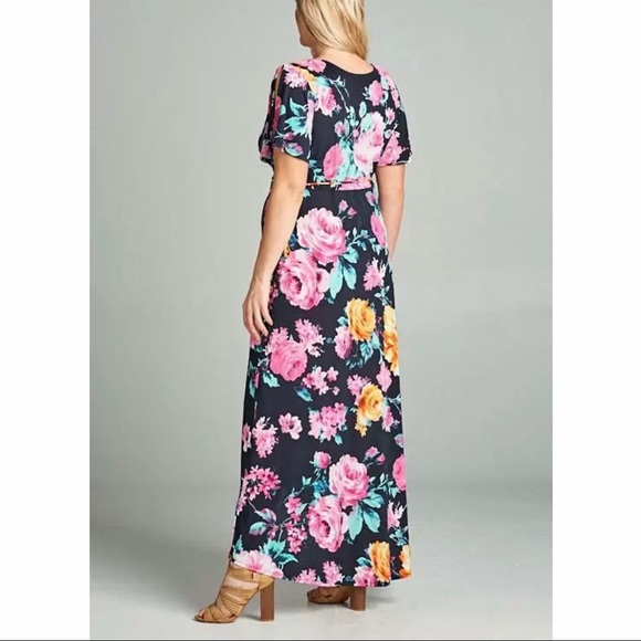 Emerald Floral Flutter Stretch Wrap Maxi Dress - Picture 3 of 3